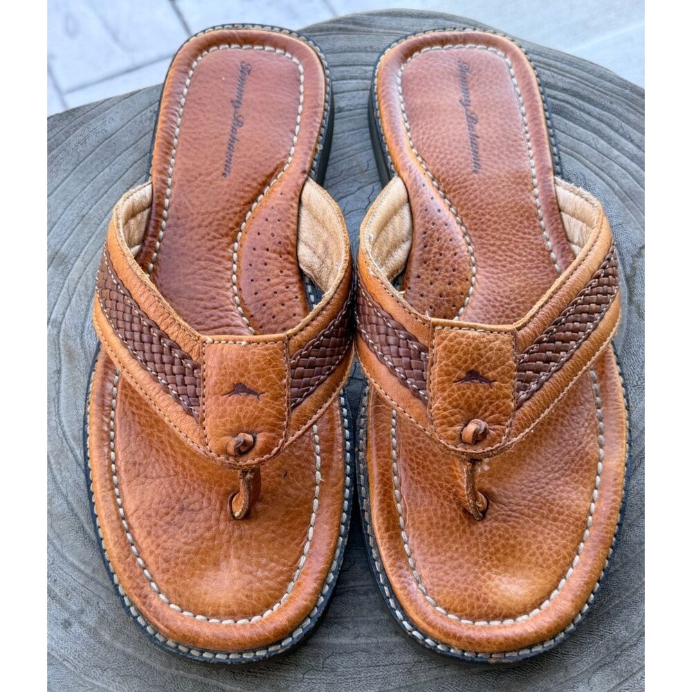 TOMMY BAHAMA Sandals Mens 12M Anchors Away Thong Leather Flip Flops Brown